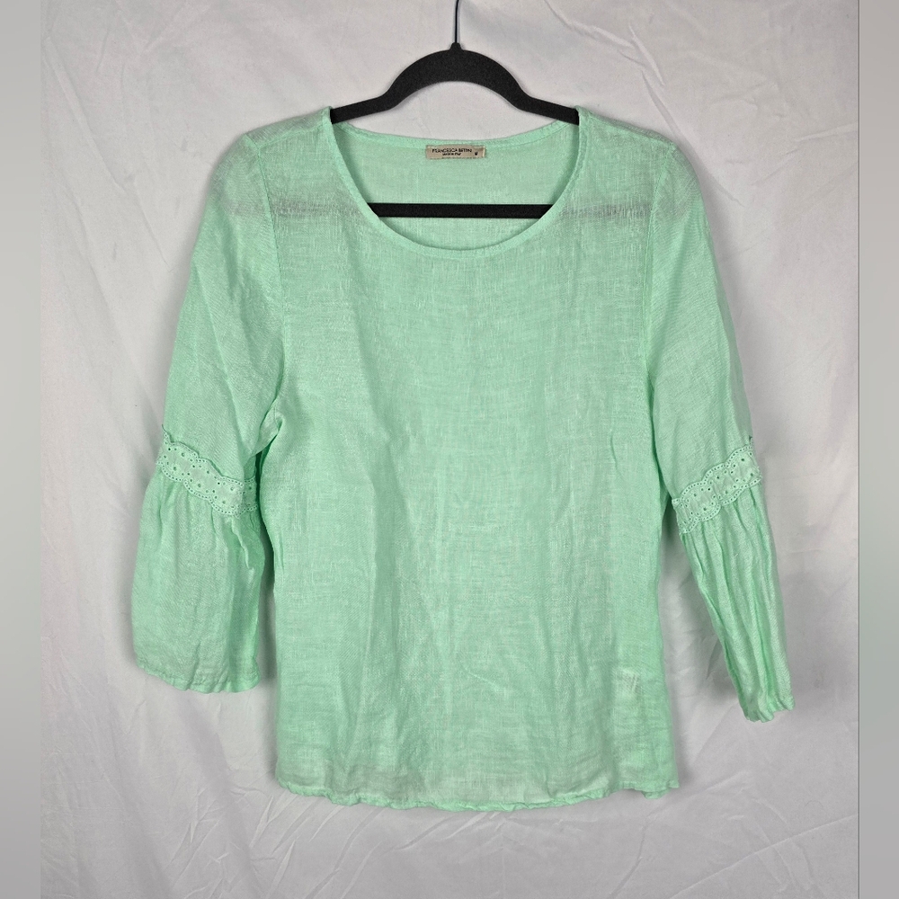 Francesca Bettini Italian Made Eyelet Trim Bell Sleeve Linen Top sz M Mint Green